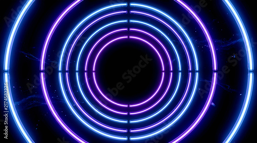 Concentric glowing cyan and purple neon light circles forming geometric tunnel frame on dark black background with particles. Promotional ecommerce Cyber Monday marketing. Promotion with copy-space.