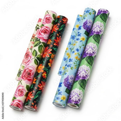 Colorful floral patterned fabric rolls on white background