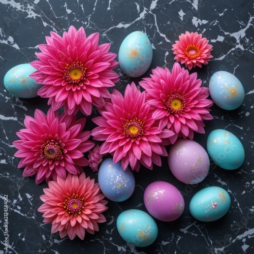 Bright Pink Flowers And Pastel Easter Eggs Flat Lay On Dark Marble Background Surface
