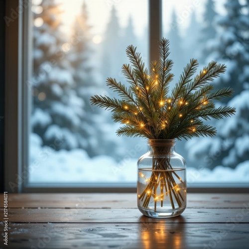 Cozy Winter Pine Branches In Glass Vase With Lights By Window Showing Snow Forest