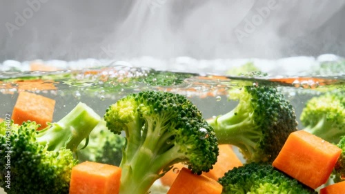 extreme macro slow motion boiling soup broccoli carrot