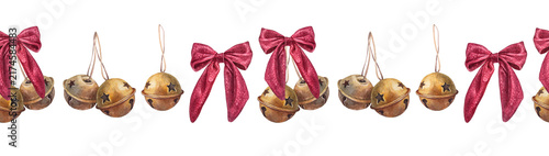 Watercolor seamless border with bronze or golden old jingle bell with red velvet bow on white background. Christmas melody toy for celebration rim. Musical instrument. Vintage wallpaper or wrapping