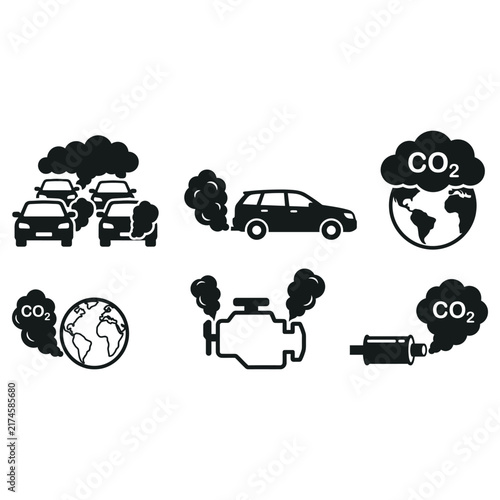 A collection of black silhouette icons representing vehicle emissions carbon dioxide pollution engine exhaust and the environmental impact on planet earth