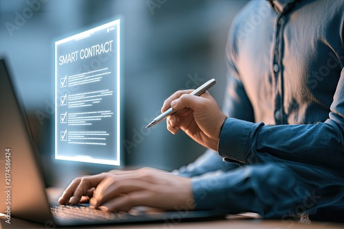 Man Signing Digital Contract on Futuristic Interface with Laptop.