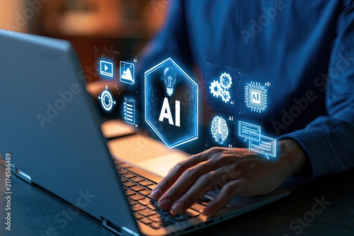 Person using laptop with AI technology icons floating above keyboard.
