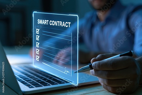 Smart Contract Digital Agreement on Futuristic Interface.