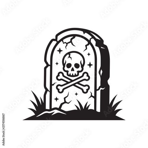 Black and white tombstone illustration with skull and crossbones.