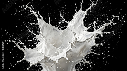 Dynamic White Milk Splash and Droplets Isolated on Deep Black Background