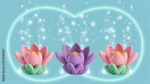 Colorful lotus flowers glowing with magical sparkling particles in this vibrant animated digital video motion clip