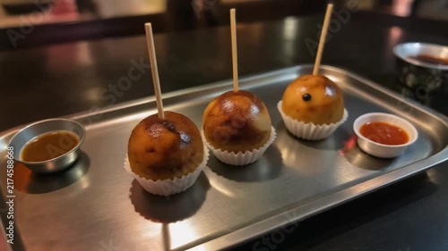 Savory snacks on sticks resting in paper cups presented on metal tray in animation video footage