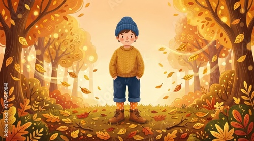 Autumn Childhood Wonder. Cute young boy standing in a vibrant golden forest, seasonal outdoor activity for children and family education.