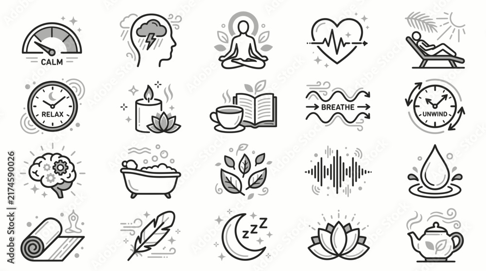 Obraz premium Minimalist wellness line icon set illustrating stress relief against plain background, highlighting meditation symbols and spa elements for mental balance and healthcare app design