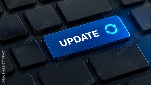 Naklejka Computer keyboard with glowing blue update button representing software upgrade and digital system modernization
