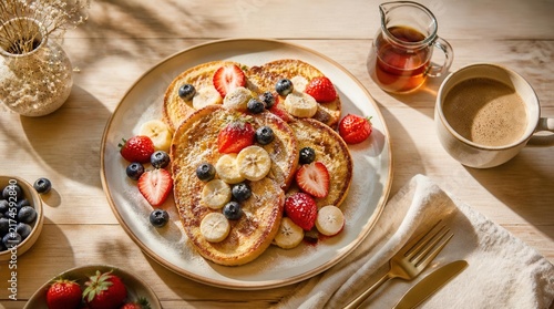 Golden French Toast Feast: A delectable plate of golden-brown French toast topped with fresh strawberries, blueberries, and sliced bananas.