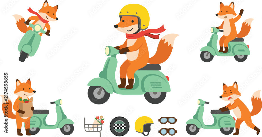 Fototapeta premium Cute Cartoon Fox Riding Scooter Vector Set Featuring Orange Fox Character Driving Moped Wearing Helmet and Scarf for Delivery Designs