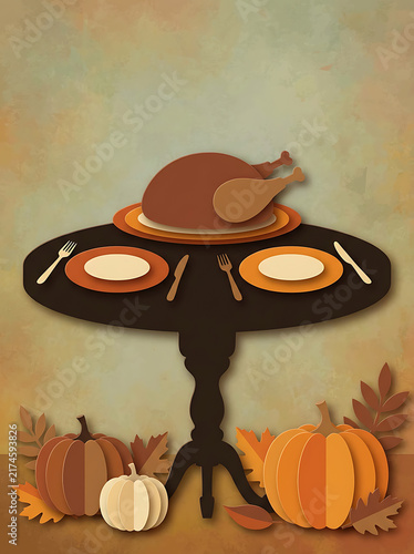 Paper Cut Style of Thanksgiving feast scene