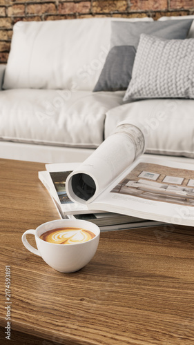 Close up of coffee cup and magazine on wooden table in modern living room.