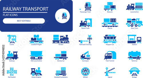 Fotografie Railway transport silhouette vector icons set