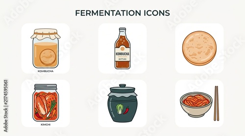 Fermented food icons including kombucha, kimchi, and ginger bug