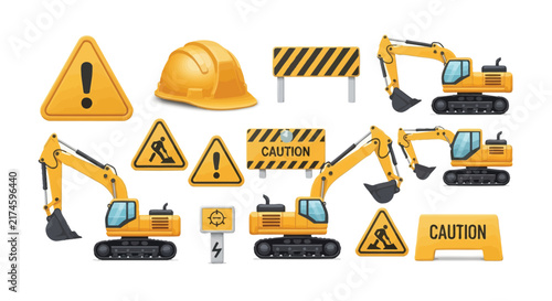 3D Construction Equipment Set with Yellow Excavators, Safety Hard Hat and Warning Signs