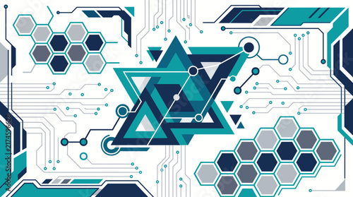 Abstract geometric tech background with digital circuit patterns and data connections