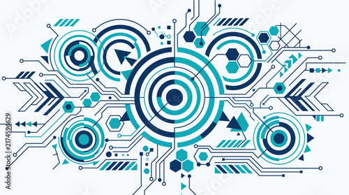 Abstract technology circuit background with cybernetic elements and data