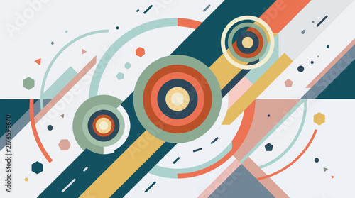 Abstract vector background with dynamic geometric shapes and colorful circles