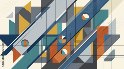 Abstract geometric design with overlapping shapes and patterns in warm tones