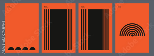 Modern minimalist graphic poster design set featuring abstract geometric patterns with bold black shapes on a vibrant orange background