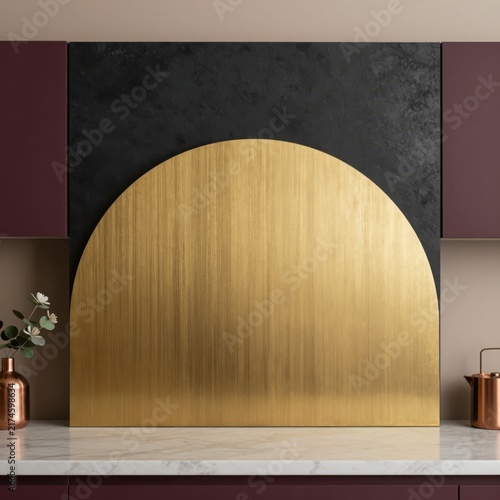 Modern gold arched wall panel on marble countertop
