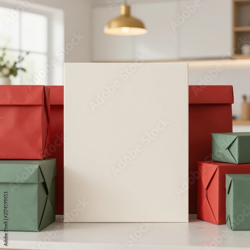 Blank product box surrounded by colorful wrapped gift boxes