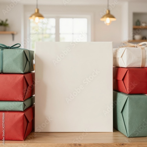 Blank sign surrounded by stacked wrapped presents
