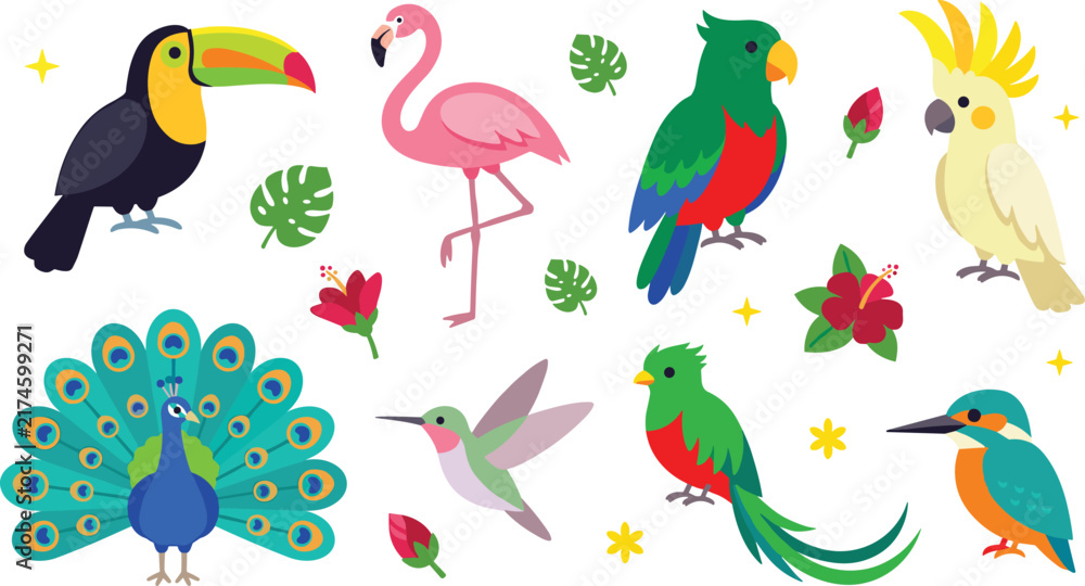 Naklejka premium Tropical Birds Vector Icon Set Featuring Toucan Flamingo Parrot Cockatoo Peacock Hummingbird Quetzal and Kingfisher with Hibiscus and Monstera Leaves for Exotic Designs