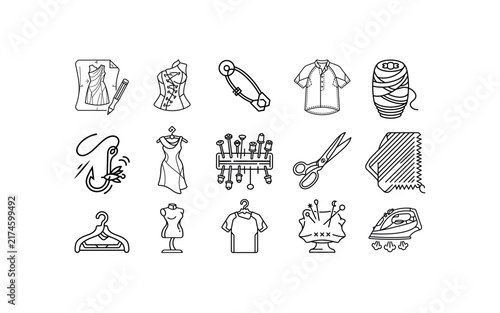 Collection of fashion design and tailoring outline icons featuring garment sketches, corset, needle and thread, dress form, sewing tools, clothes hanger, mannequin, and clothing. Clean black line art 