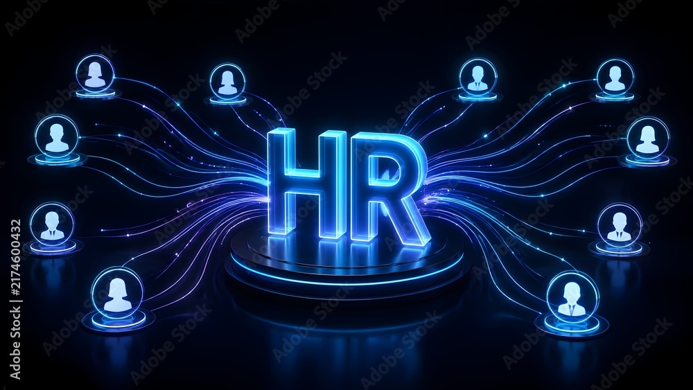 Fototapeta premium Futuristic HR hub concept with glowing human resources text connecting to employee network nodes via light trails