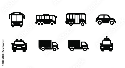 Transportation vehicle silhouettes depict buses automotive bus