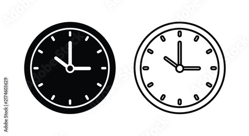 Two wall clocks one solid black and one line art against a white background
