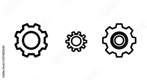 Three gear icons with black outlines on a white background