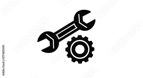 Wrench and gear silhouette on a white background technical illustration