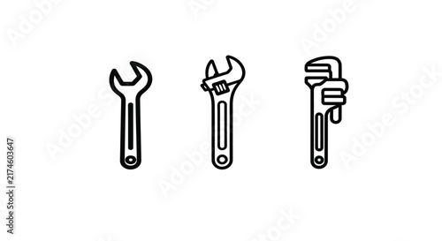 Line art illustration of wrenches and a pipe wrench on a white background