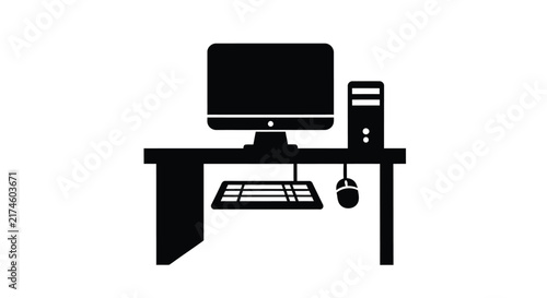 Computer workstation silhouette with monitor keyboard and mouse on white background