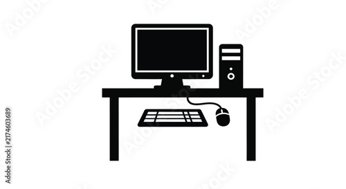 Computer workstation silhouette with monitor keyboard and mouse on white background 