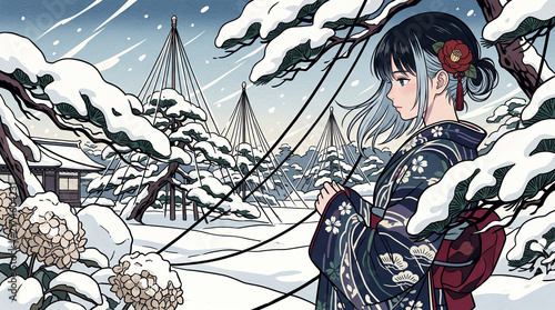 雪吊りの美しい雪庭と松を背景に立つ着物姿の女性イラスト