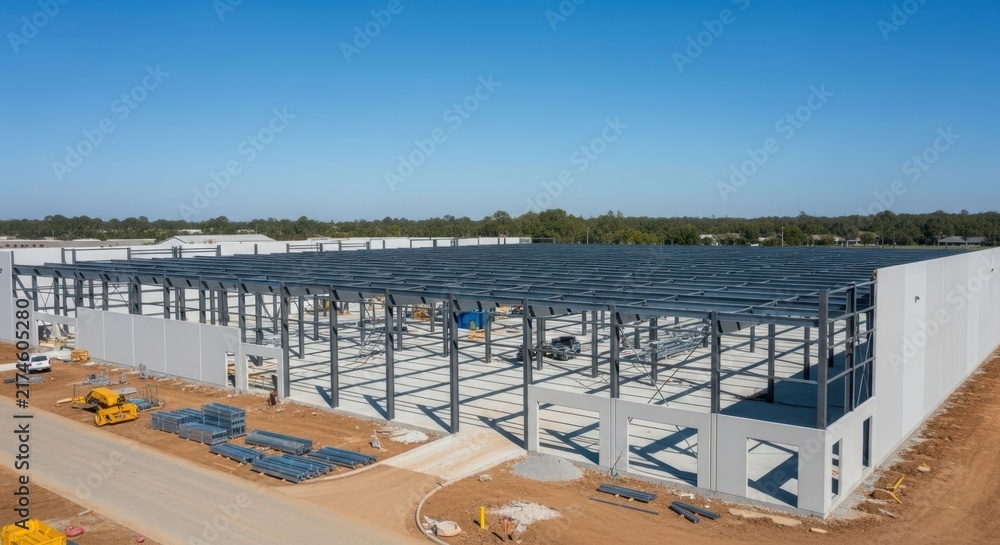 Obraz premium Vast Steel Framework of a New Distribution Warehouse Under Construction Under a Clear Blue Sky