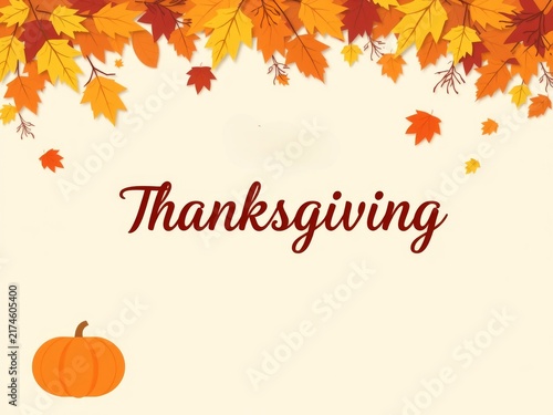 Happy thanksgiving card with autumn leaves and pumpkin on a light yellow background design template
