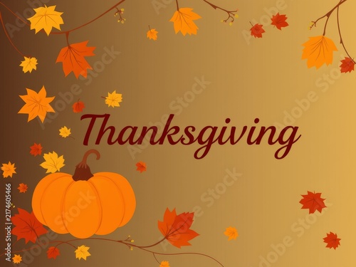 A thanksgiving themed image with a pumpkin and leaves on a brown gradient background art design