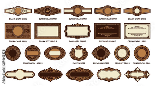 Collection of Ornamental Labels and Cigar Bands on Transparent Background