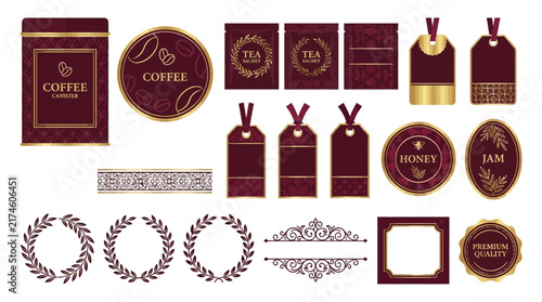 Elegant Maroon and Gold Labels, Tags, and Emblems for Food and Drink