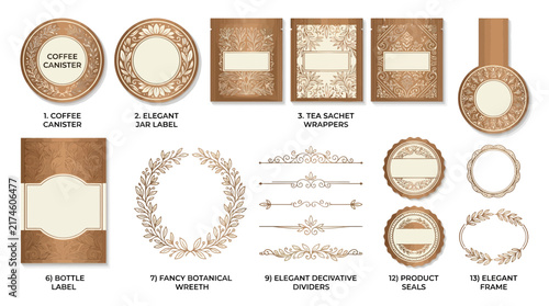 Elegant Packaging Design Elements - Labels, Seals, Wreaths
