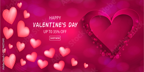 Valentine's Day sale banner with heart-shaped podium, paper clouds, and 3d hearts
